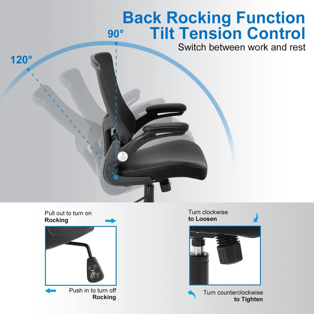 Ergonomic Desk Chair, Computer PU Leather Home, Swivel Mesh Back Adjustable Lumbar Support Flip-up Arms Executive
