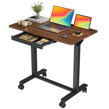 Mobile Standing Desk with Drawer, Height Adjustable, 35" Walnut