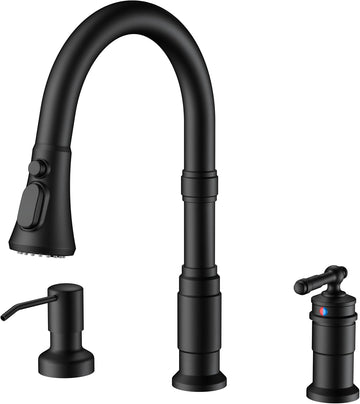 3 Hole Kitchen Faucet with Soap Dispenser, Matte Black | Stainless Steel Single Handle Rusitc Kitchen Sink Faucet
