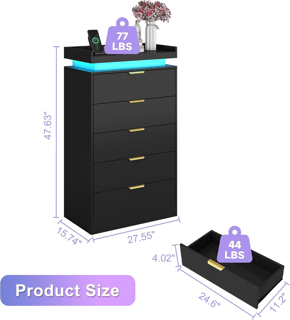 Tall Dresser , Black Dresser with LED Lights, Wood 5 Drawer Chest with Power Outlet, Modern Tall Chest of Drawers