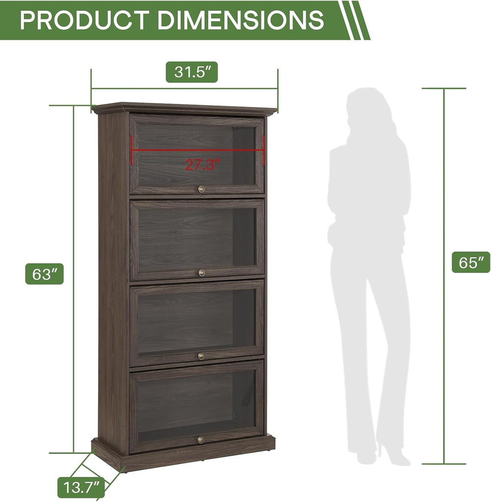 63" Tall Behind the Door Bookshelf with Flip up Glass Doors and Shelves, Farmhouse Barrister Bookcase, Antique