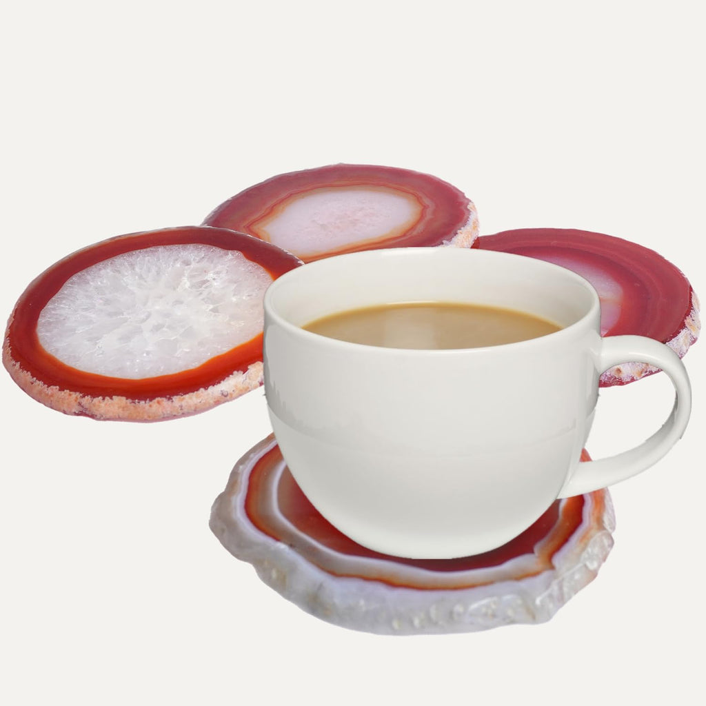 Natural Agate Coasters Set of 4 - Dyed Orange Red Irregular Circle Stone Drink Coasters with Rubber 3-4" Unique Home