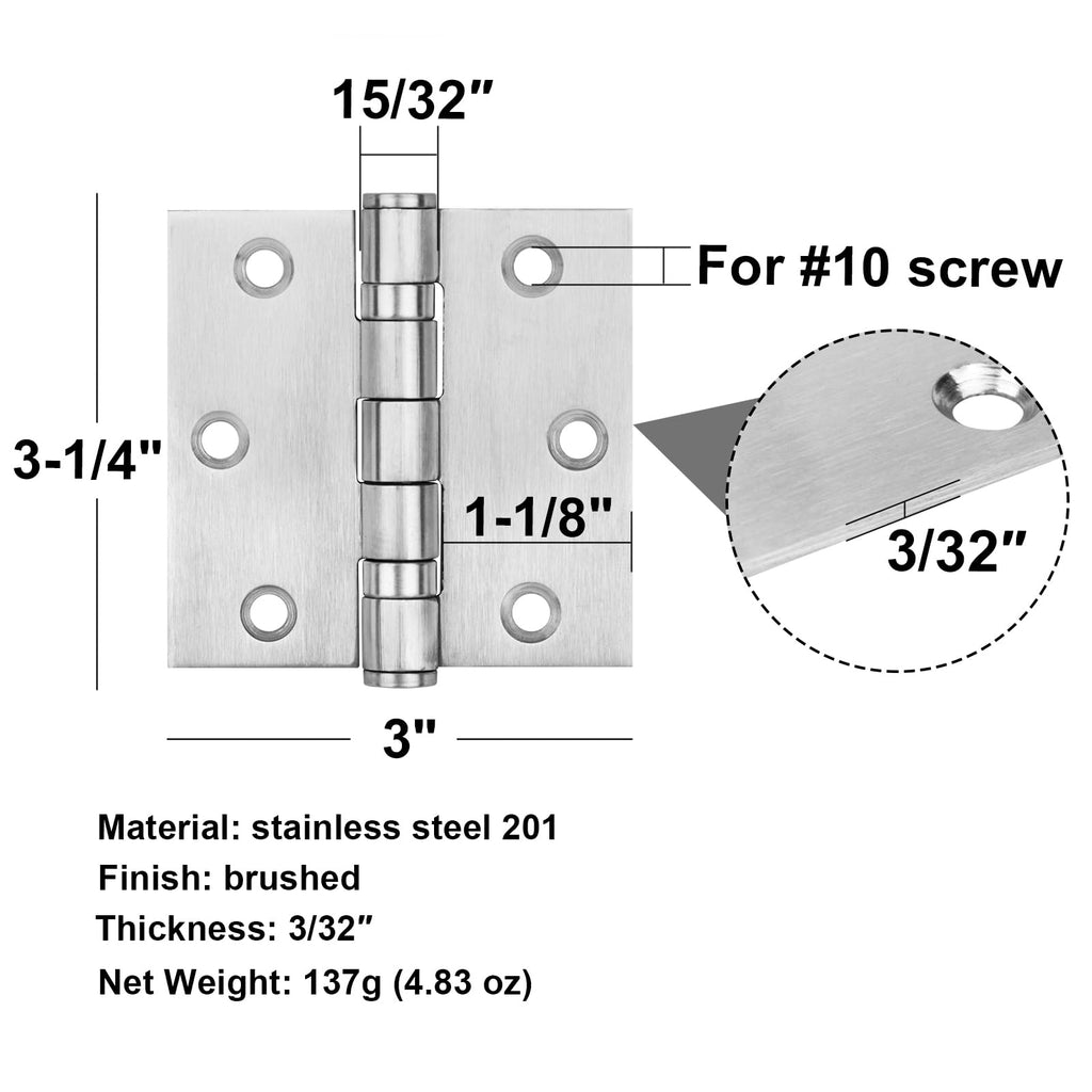 6 Pack 3" x 3" Square Door Hinges, Stainless Steel Butt Hinges