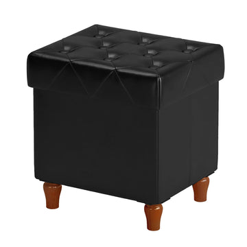 Folding Storage Ottoman Cube PU Leather Footstool with Wood Legs Ottoman Footrest Black, 15x12.6 x 15.4"