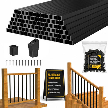 30 Pack 32" Stair Spindles, Black Square Aluminum Balusters with Flat & Adjustable Baluster Connectors, Metal Railing