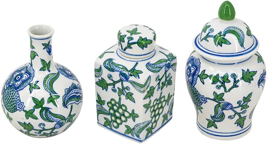 Decorative Porcelain Home Accents with Blue and Green Cherry Blossom Motif, Includes Traditional Ginger Jar - Set of 3