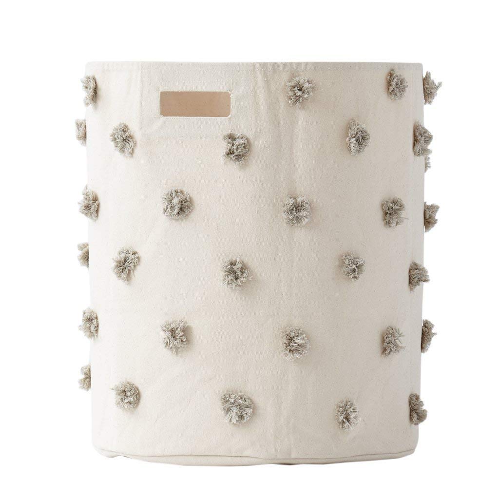 Pom Pom Basket, Hamper, Grey, Cotton Canvas Storage, 18" D x 20" H