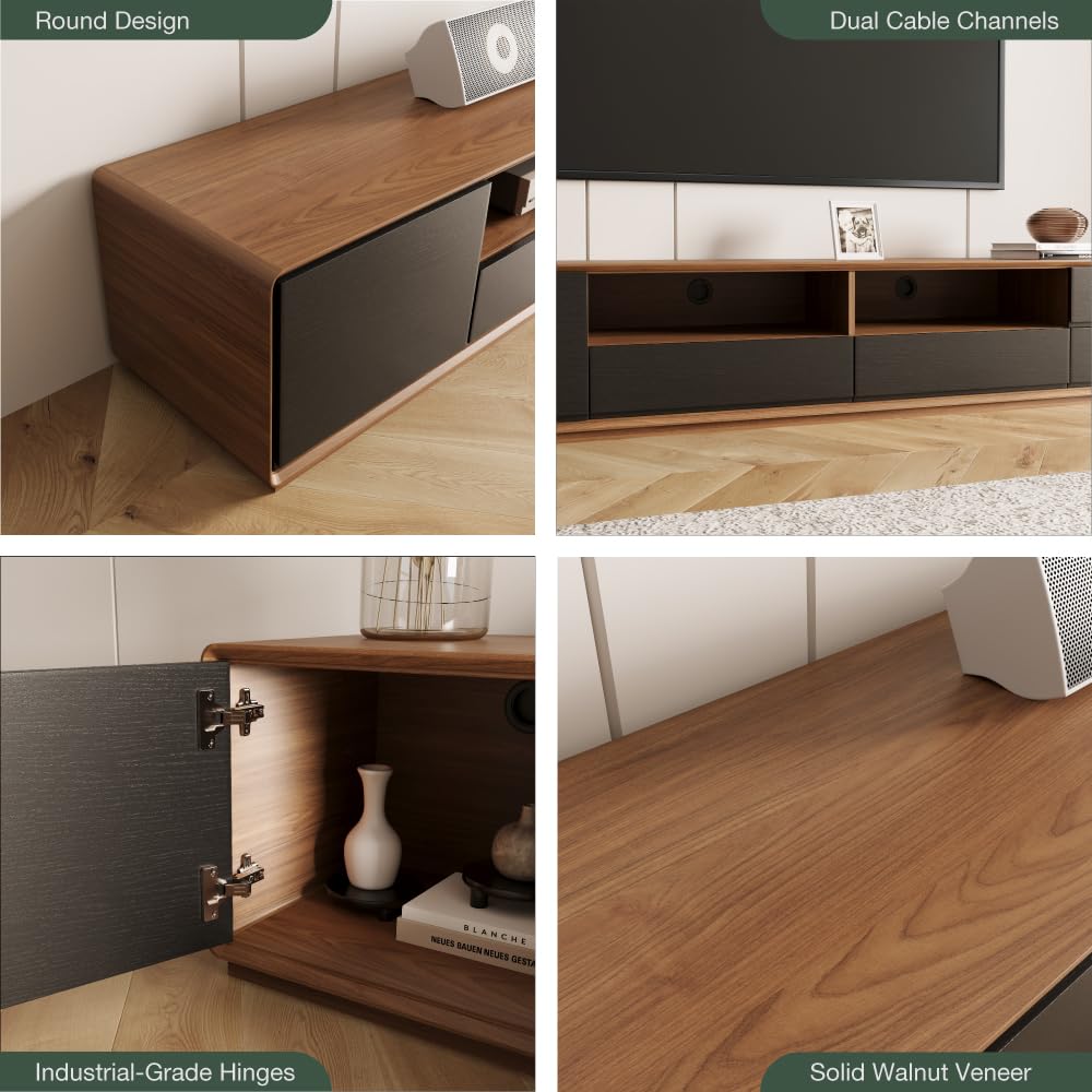Modern 94" Solid Wood TV Stand, Lowline Media Console with 4 Drawers, Open Storage Cabinet, Walnut Veneer