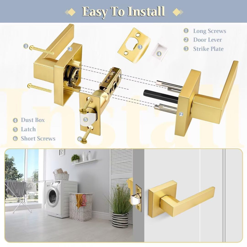 Gold Closet Dook Handle Non-Locking, Brass Passage Lever Door Handle, Heavy Duty Square Door Handles, Reversible Door