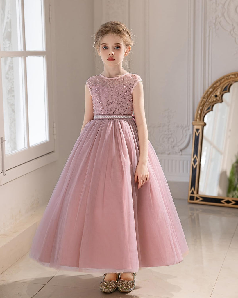 Sequin Tulle Dress Formal Pageant Sparkly Birthday Party Wedding Guest Ball Gown Dresses with Bow