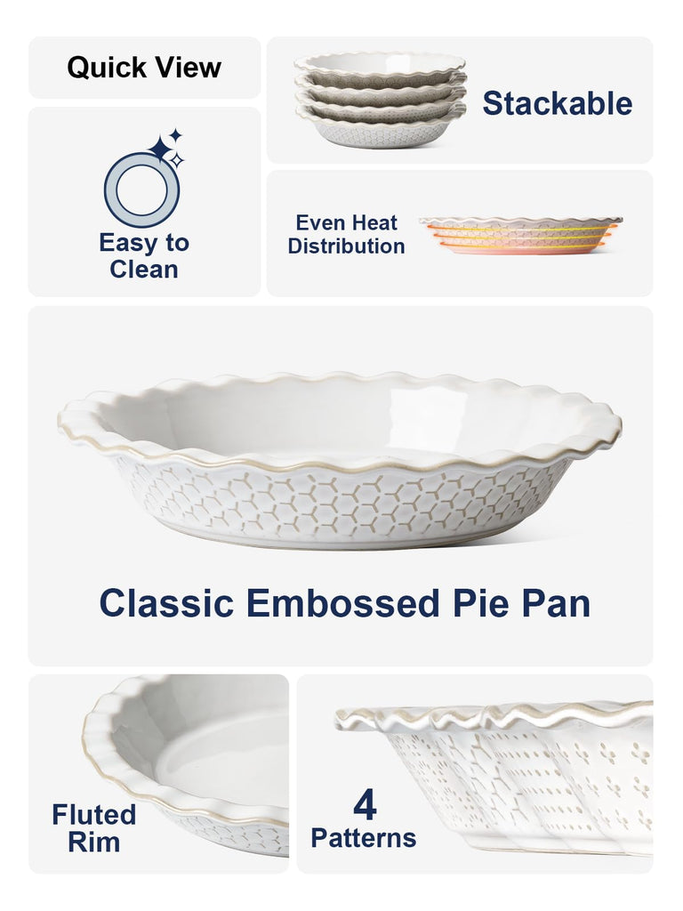 Pie Pans for Baking 9 Inch, Ceramic Pie Plate for Apple Pie, Round Baking Dish Oven Safe, Embossment Housewarming