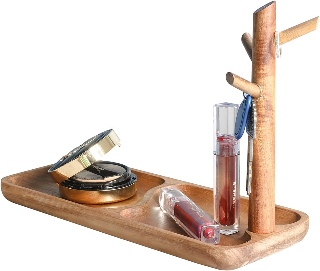 Wood Key Tray for Entryway Table, Jewelry Tray, Catchall Tray with 3 Stand Hanging Organizer, for Rings, Phone