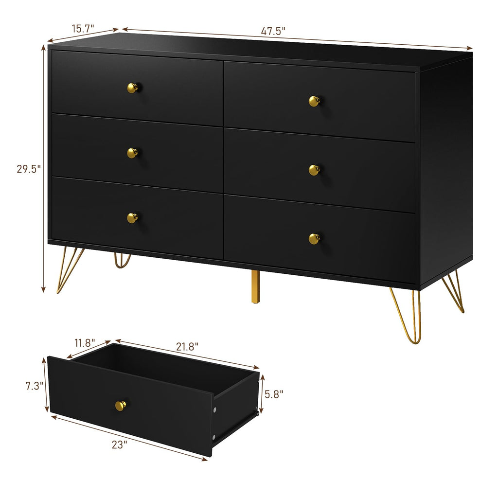 Black Dresser, 6 Drawer Dresser with Golden Handles, Large Storage Cabinet, Modern Chest of Drawers Organizer