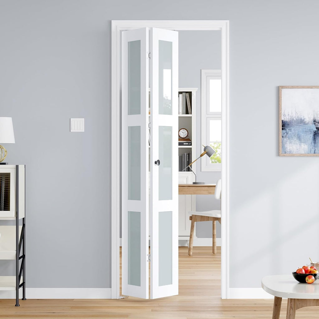 Bifold Doors for 32"×80-3/4" Opening, Preassembled White Frosted Glass Folding Barn Door, Sliding In