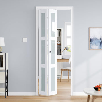 Bifold Doors for 32"×80-3/4" Opening, Preassembled White Frosted Glass Folding Barn Door, Sliding In