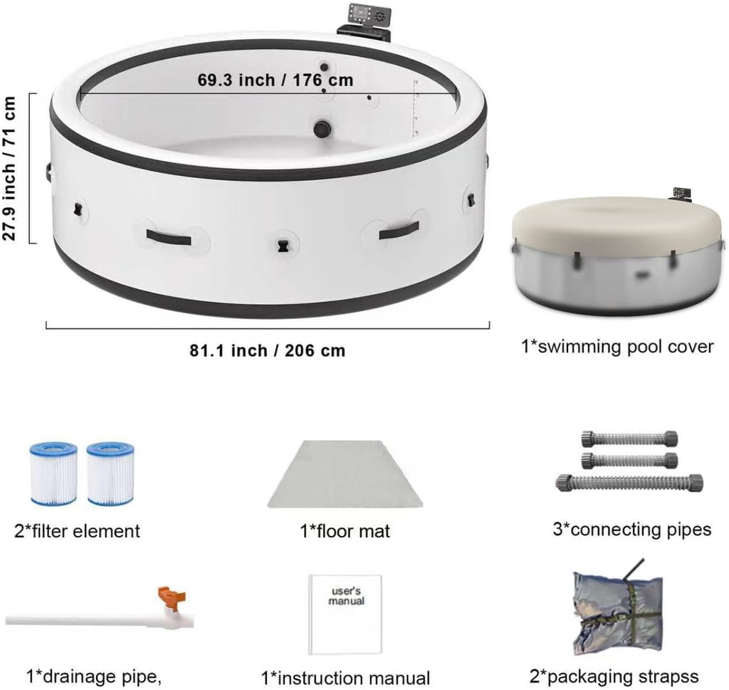 4-6 Person Round Inflatable Hot Tub, Portable Outdoor Spa with Max 104 °F Thermostatic Heating, Auto Inflation, 6 LED