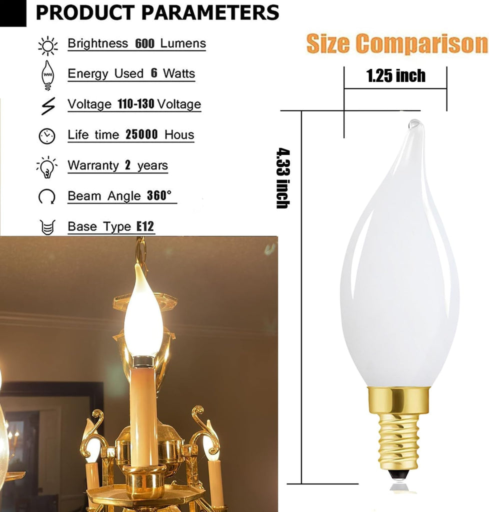 E12 Dimmable LED Bulb 6W Candelabra Bulbs 60 Watt E12 Light Bulbs 2700K