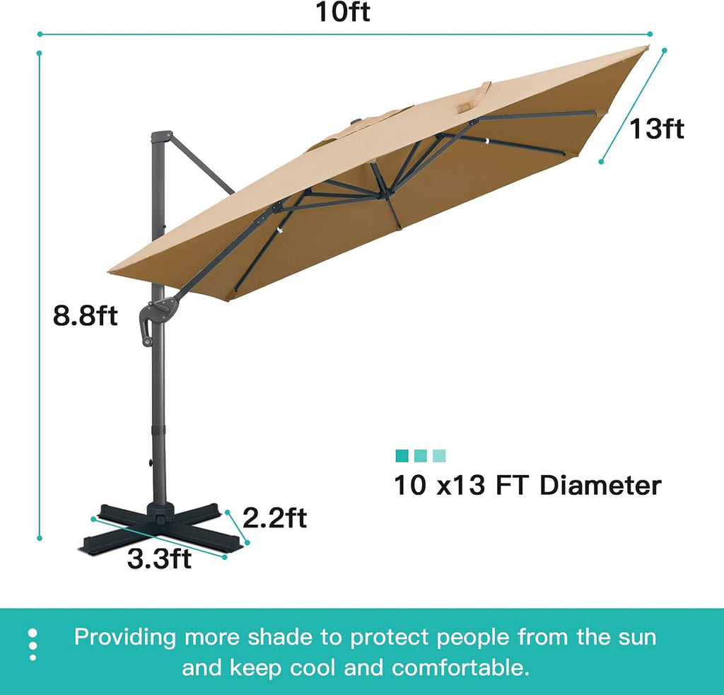 10x13Ft Cantilever Patio Umbrella Rectangular Deluxe Offset 360°Rotation & Integrated Tilting System Hanging Umbrella