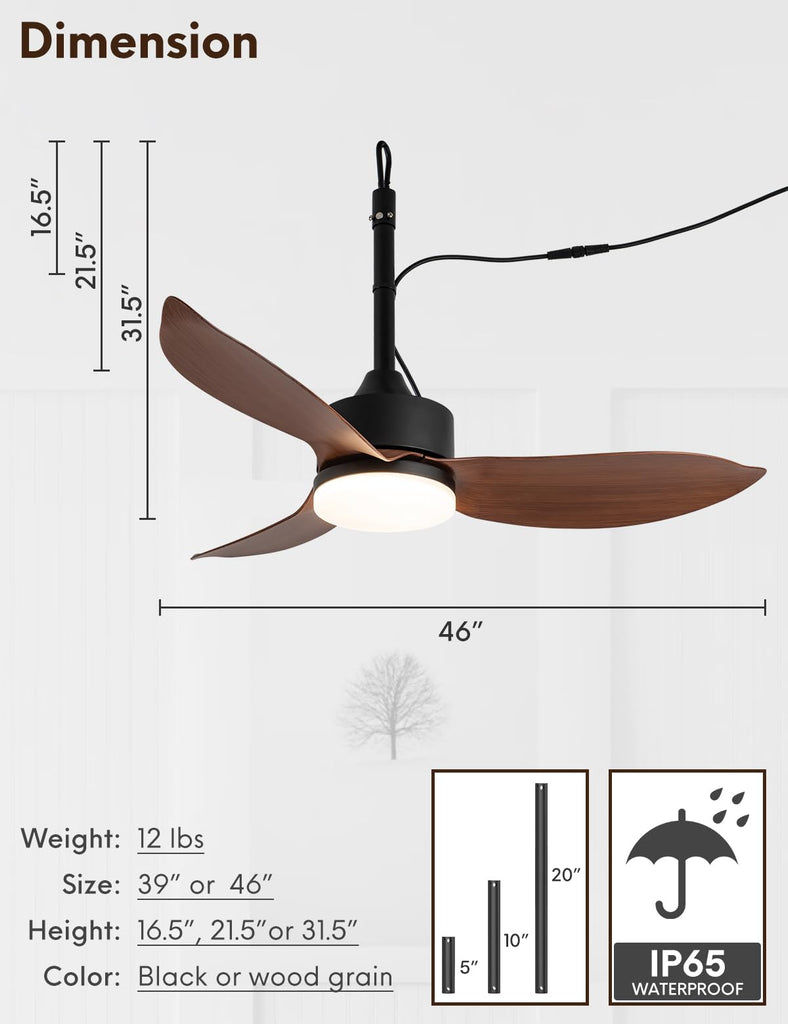 46" Plug In Outdoor Gazebo Ceiling Fan with Light and Hook, IP65 Waterproof Wet Rated Patio Ceiling Fans, Brown