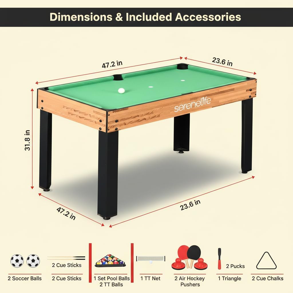Multi Game Table, 48" Sports Arcade Games with Accessories, Ping Pong, Hockey, Pool Billiards, Soccer Foosball All in