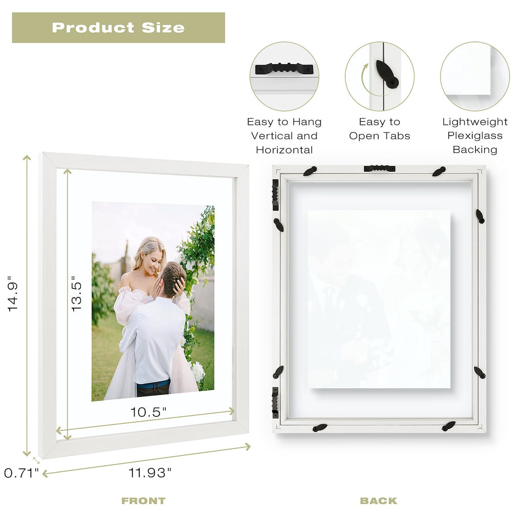 11x14 Floating Picture Frame White - Solid Wood for Pressed Flower -1 Pack