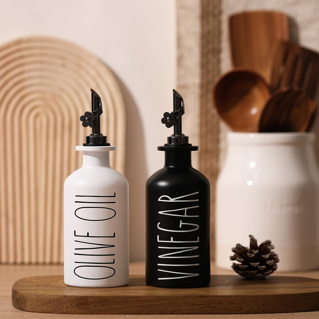 Premium Olive Oil Dispenser, 11.8oz Glass Oil Bottles with Bamboo Tray, Oil&Vinegar Cruet Set, Kitchen Dispenser - Set of 2