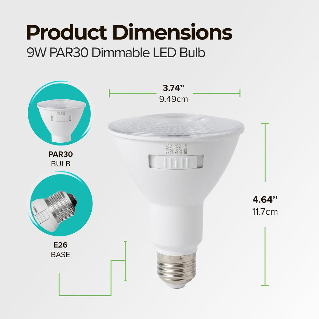 PAR30 LED Light Bulbs, 9W (75W Eqv), Dim. (2700K-5000K) - 6 Pack