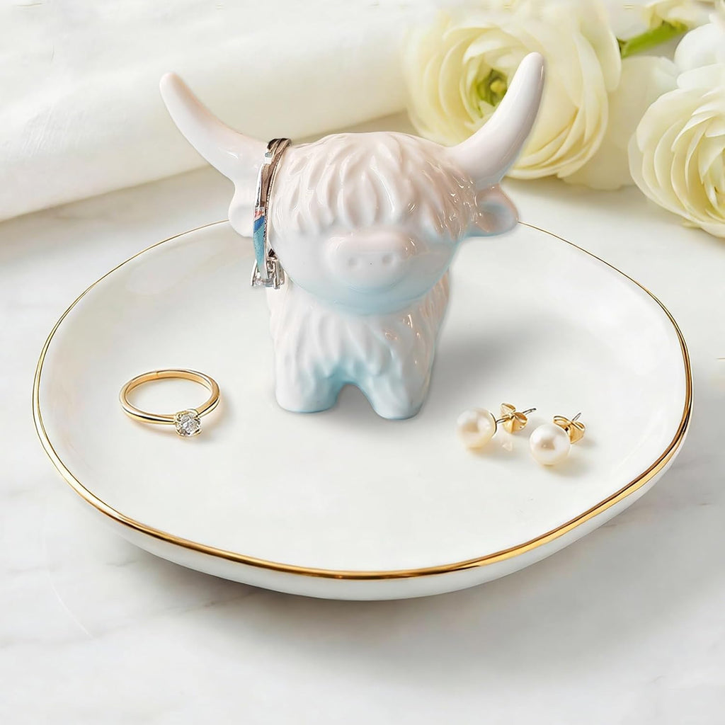 Ceramic Highland Cow Ring Holder Jewelry Dish,Cow Gifts For Women,Wife,Mom