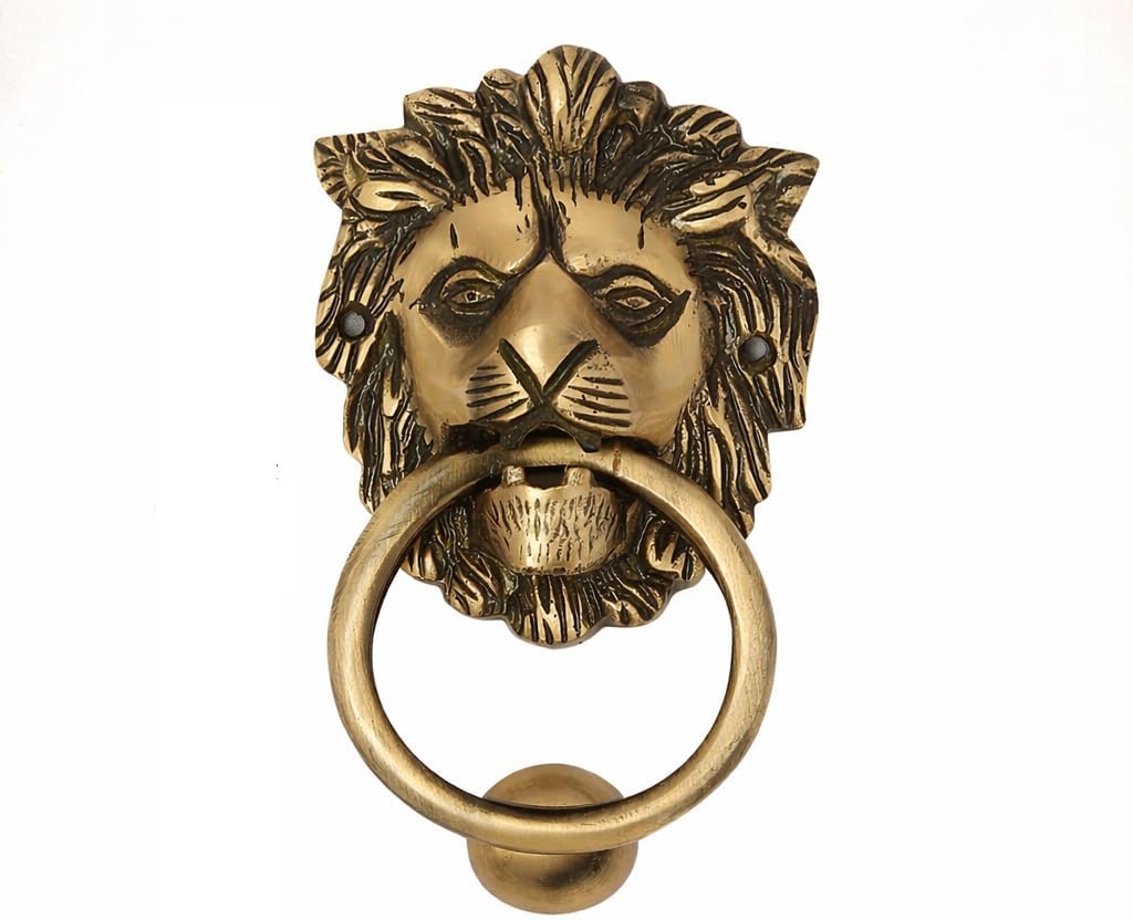 Brass Door Knocker Hand-Etched Carved Gate Knocker Handle Pull Home Decor Hardware Lion Head Design Golden Color 5.5