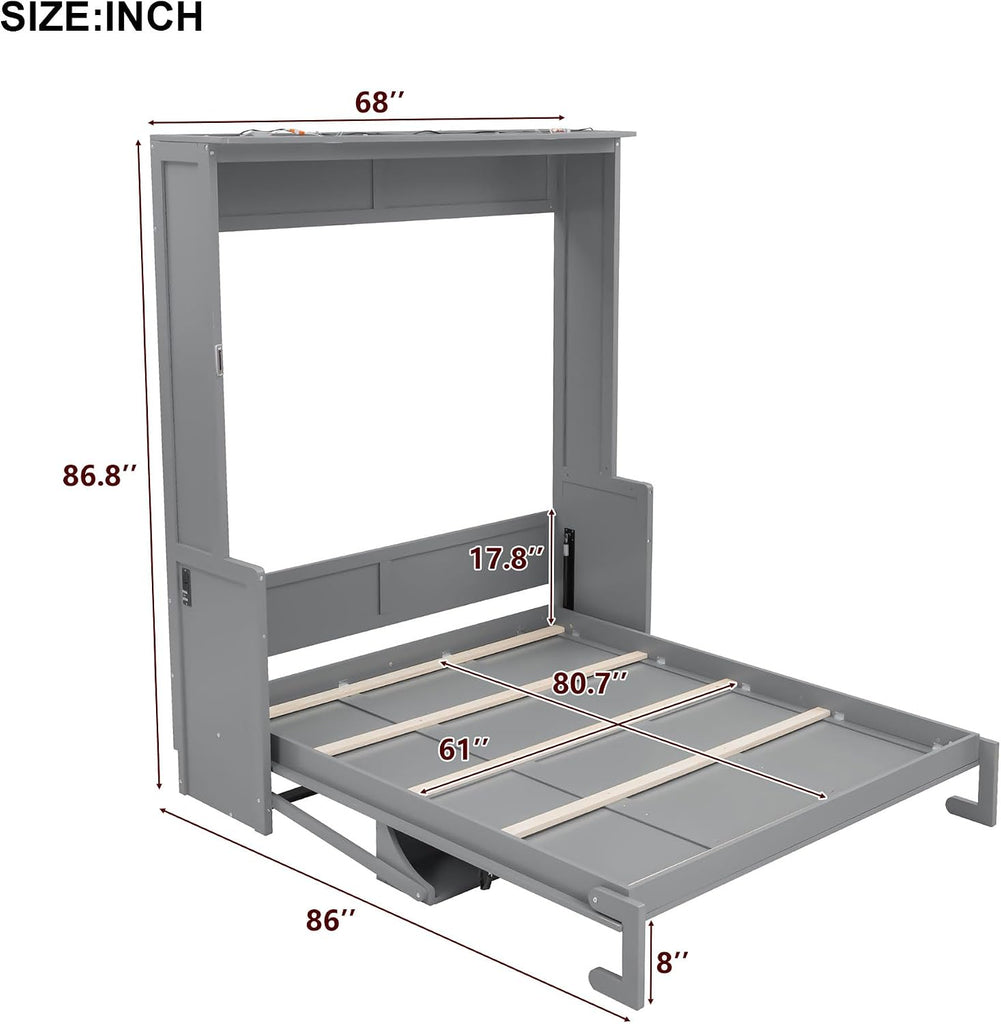 Queen Murphy Bed with Desk, Hideaway Wall Bed Frame with LED Lights and USB Ports, Folding Murphy Cabinet Bed for