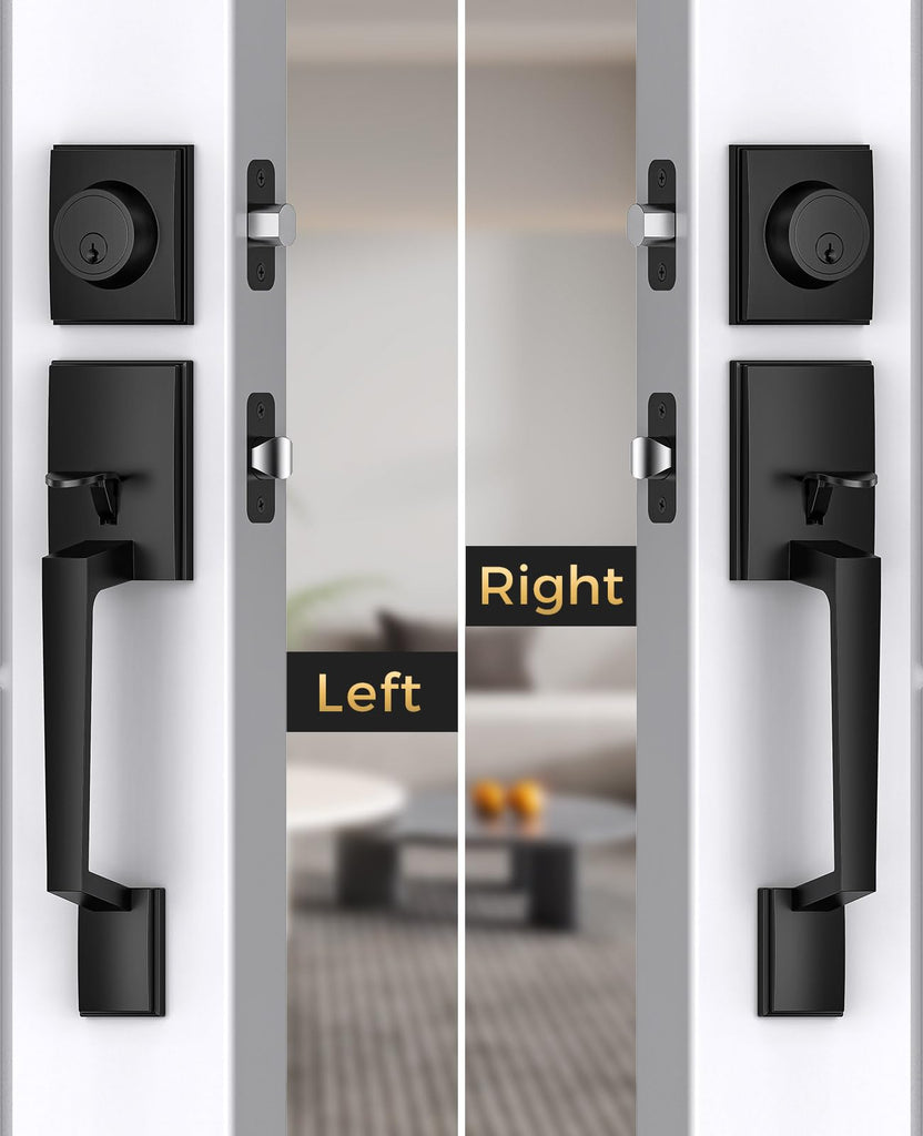 Black Front Door Handle and Deadbolt Set with Modern Exterior Knob