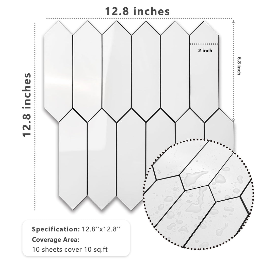 Glossy White Backsplash Tile Peel and Stick, 12.8 x 12.8 Inch 10 Sheets Long Hexagon PVC Self Adhesive Mosaic Wall
