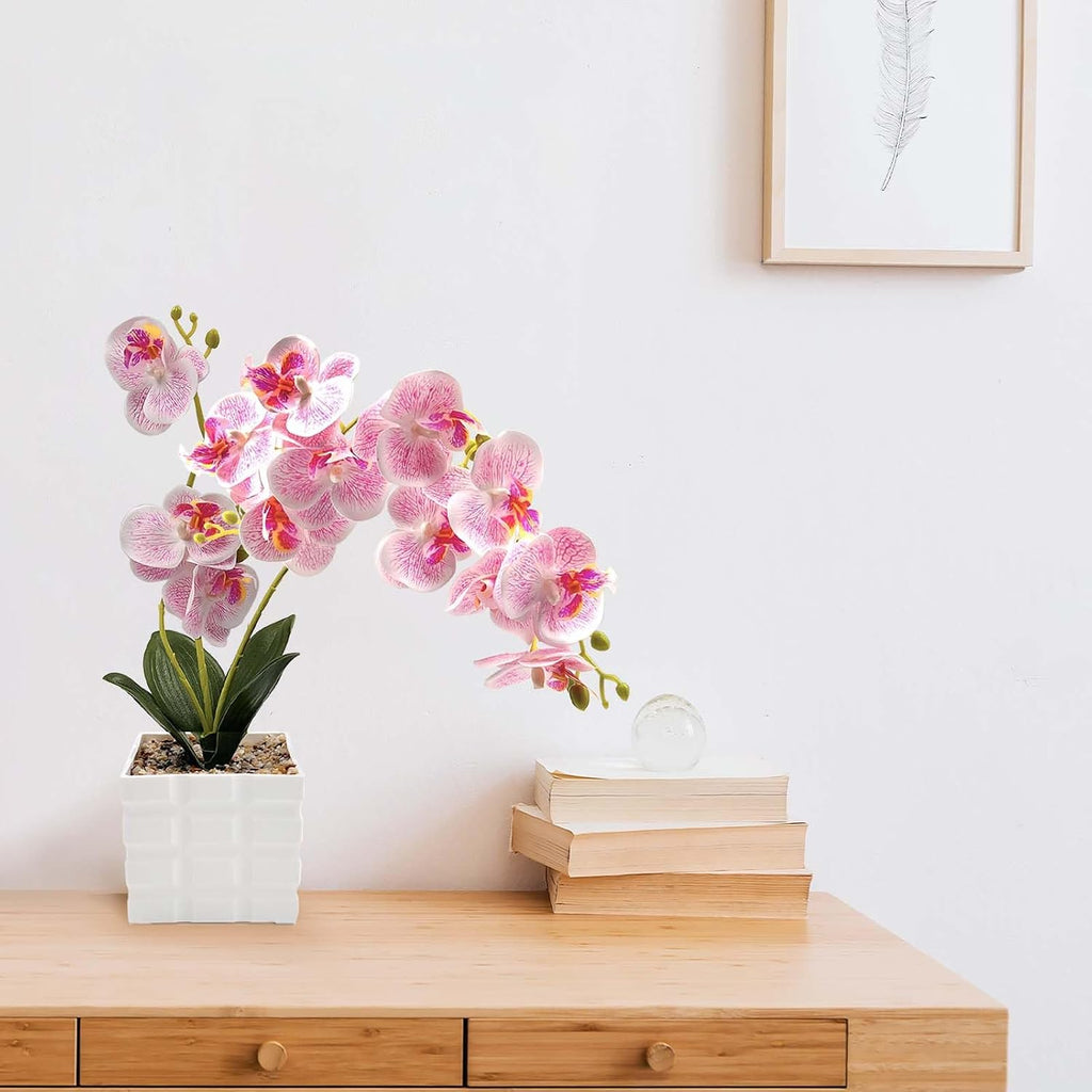 13-Heads Artificial Orchid Flower in Pot,50cm Silk Orchid Arrangement with Plastic Vase,Potted Pink Flowers,Silk
