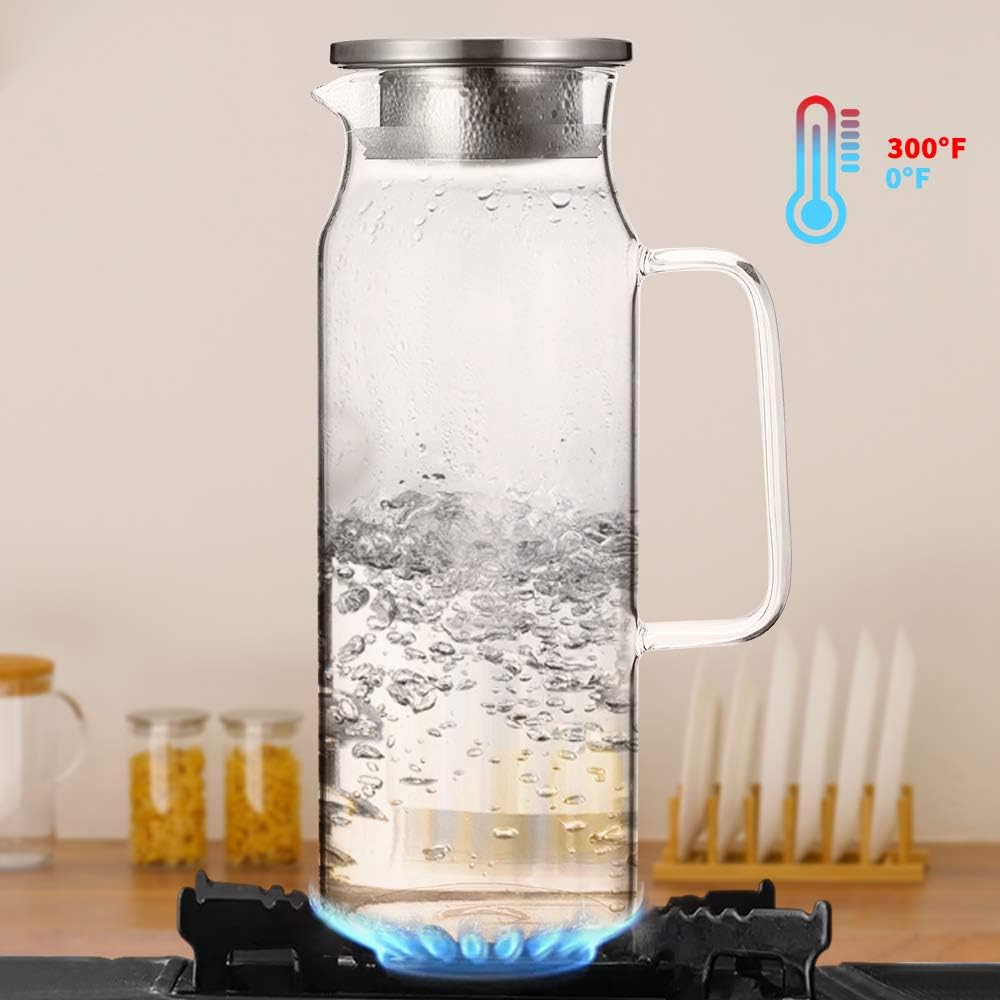 Glass Pitcher with Lid and Handle 50 oz/1500ml Water Pitcher for Ice Tea and Homemade Juice Heat Resistant