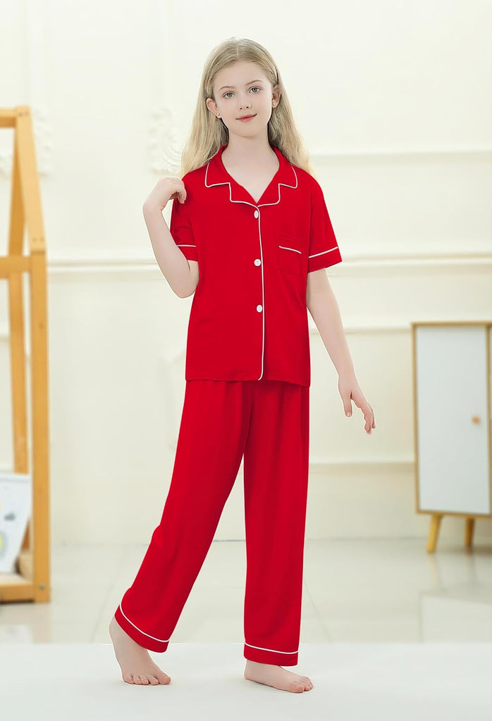 Girls Pajamas Set Button Down Notch Collar Soft Short Sleeve Pjs Set with Long Pant Set Lounge Set