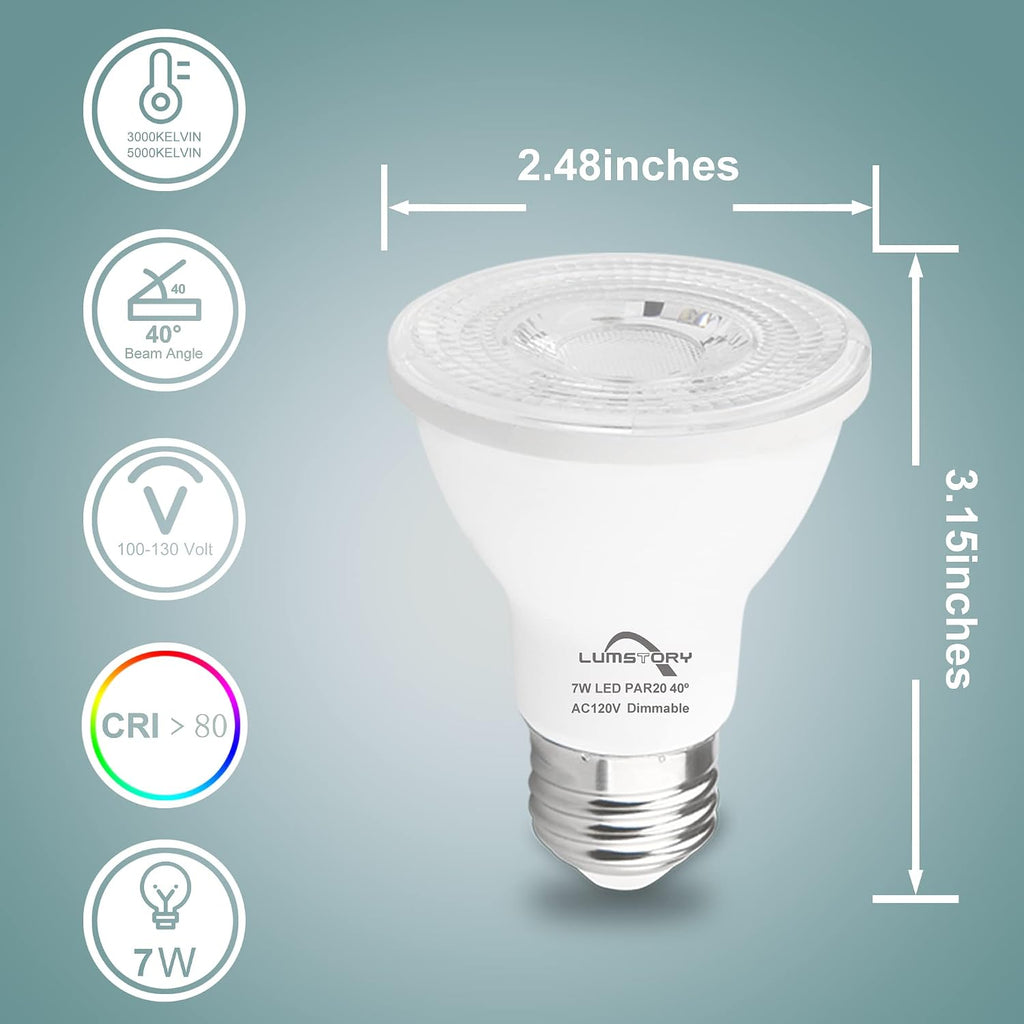 Par20 Led Flood Light Bulbs 5000K Daylight Dimmable 50W Halogen Replacement 7W E26 40 Degree Spot Beam Angle Indoor