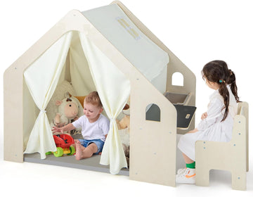 Kids Tent, in-1 Wooden Frame Play House with Table and Chair Set, Blackboard, Side Storage Bag & Soft Floor Mat