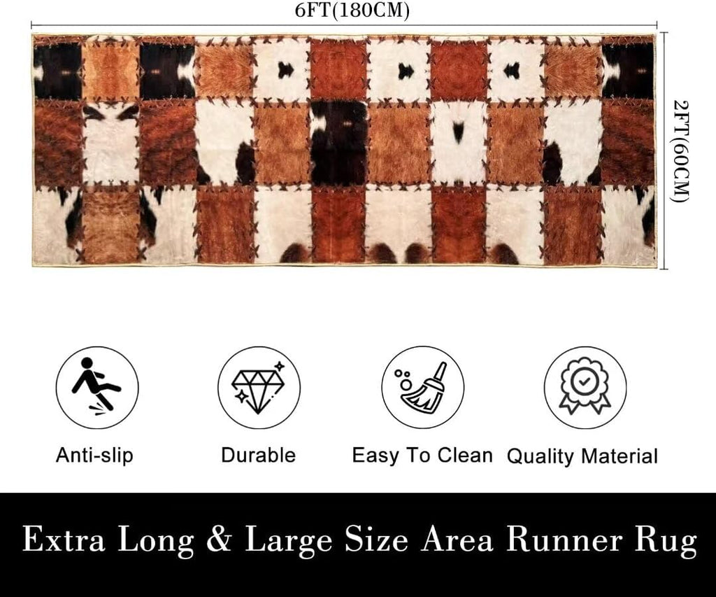 Cowhide Rug Cow Print Rug Western Rugs Brown Runner Rug 2x6,Farmhouse Vintage Throw Accent Area Rug Non Slip Washable