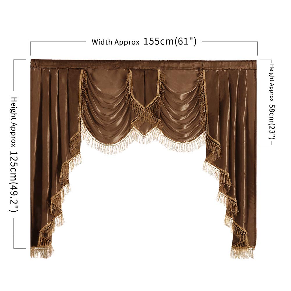 Soft Satin Swag Valance Curtains, Waterfall Valance with Tassles Living Room, 1 Piece Brown Window Valance, 61 x 49