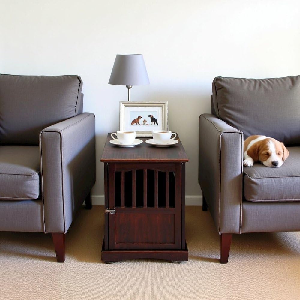 Brown Dog Crate End Table, Solid Wood Dog Furniture Crate with Lockable Gate, Stylish Dog Kennel Furniture for Indoor