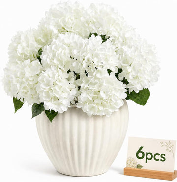 White Hydrangea Artificial Flowers Outdoor,30 Flower Heads UV Resistant Faux Hydrangeas Silk Flowers - Set of 6