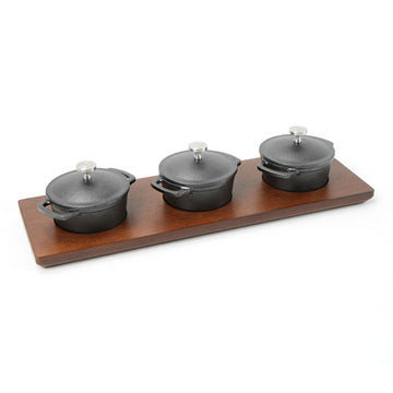 Mini Cast Iron Cocottes, Dia 3 inch, 4 oz. Set of 3 PCS, Mini Dutch Oven, with Wooden Tray, 7-Piece