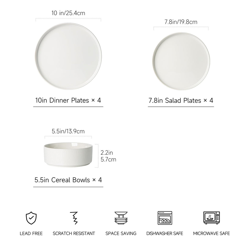 Stoneware Dinnerware Sets for 4, 12Pcs Plates and Bowls Set, Cream White