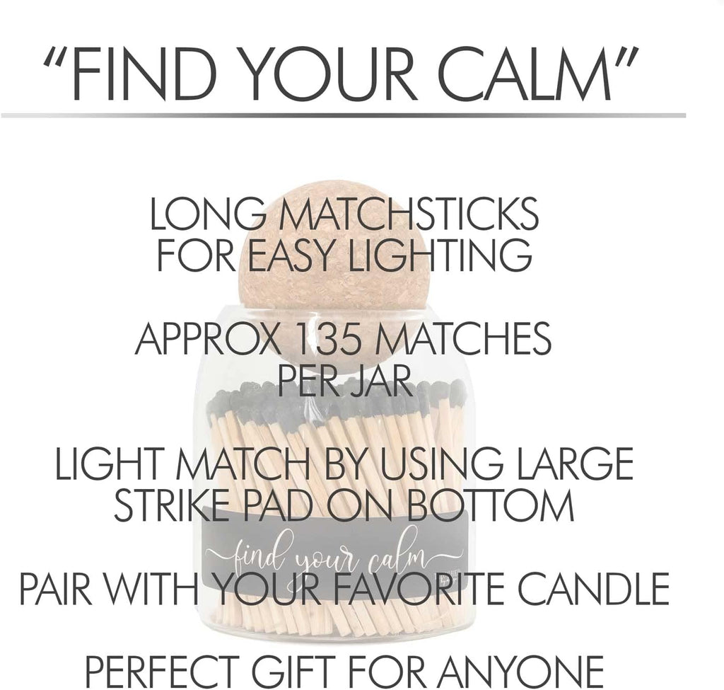 Find Your Calm Cute Glass Match jar Cloche | Approx 135 Decorative Wooden Black tip Matches for Candles & décor - Set of 135