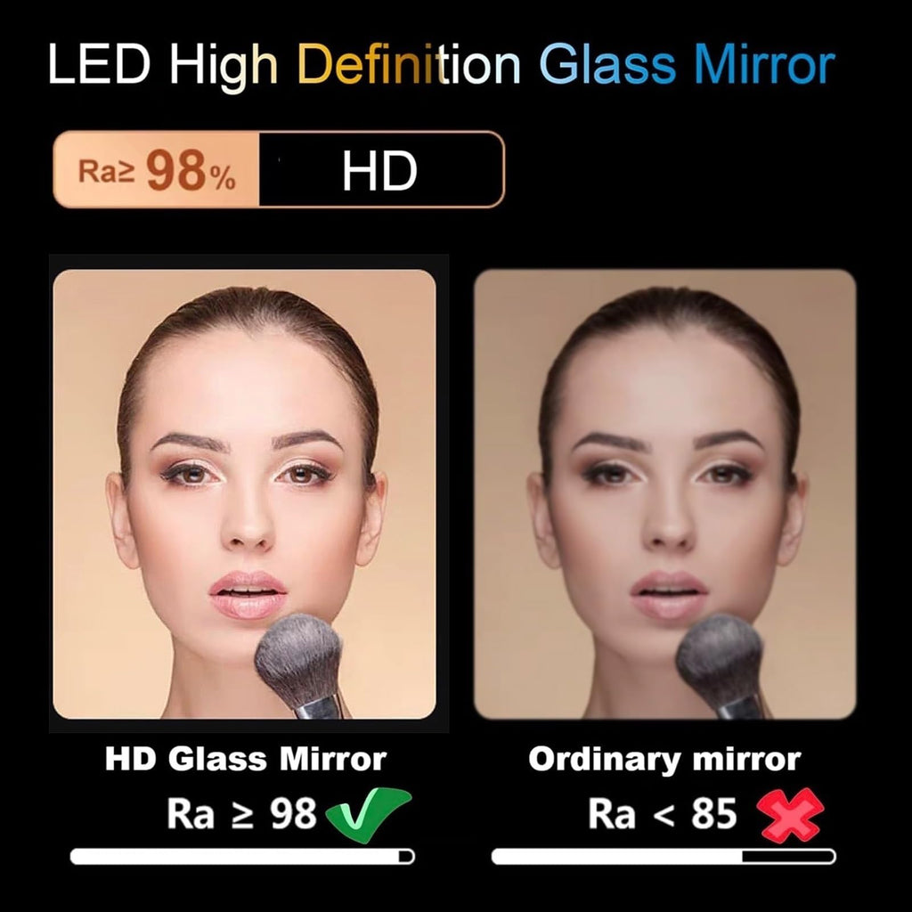 Wood Frame Lighted Mirror with Anti-Fog, Round LED Bathroom Mirrors, Wall Mirror with Shelf, Illuminated Makeup