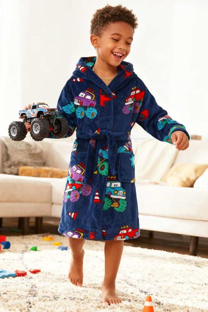Boys Fleece Robe Sleepwear Hooded Plush Soft Bathrobe for Kids
