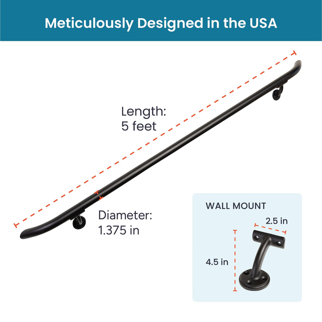 Complete Aluminum Handrail KIT for Indoor/Outdoor-Stylish Round Shape with Curved Ends. Includes Wall Mounts