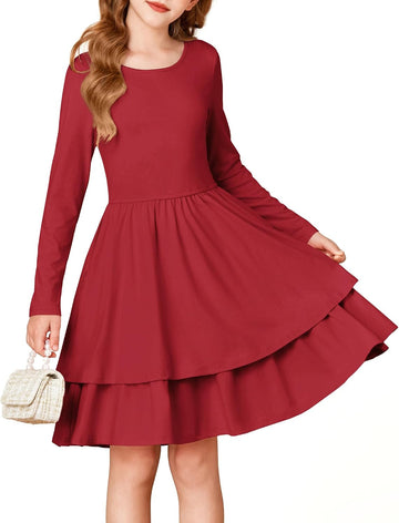Girls Fall Dress Long Sleeve Tie Back Pockets School Party
