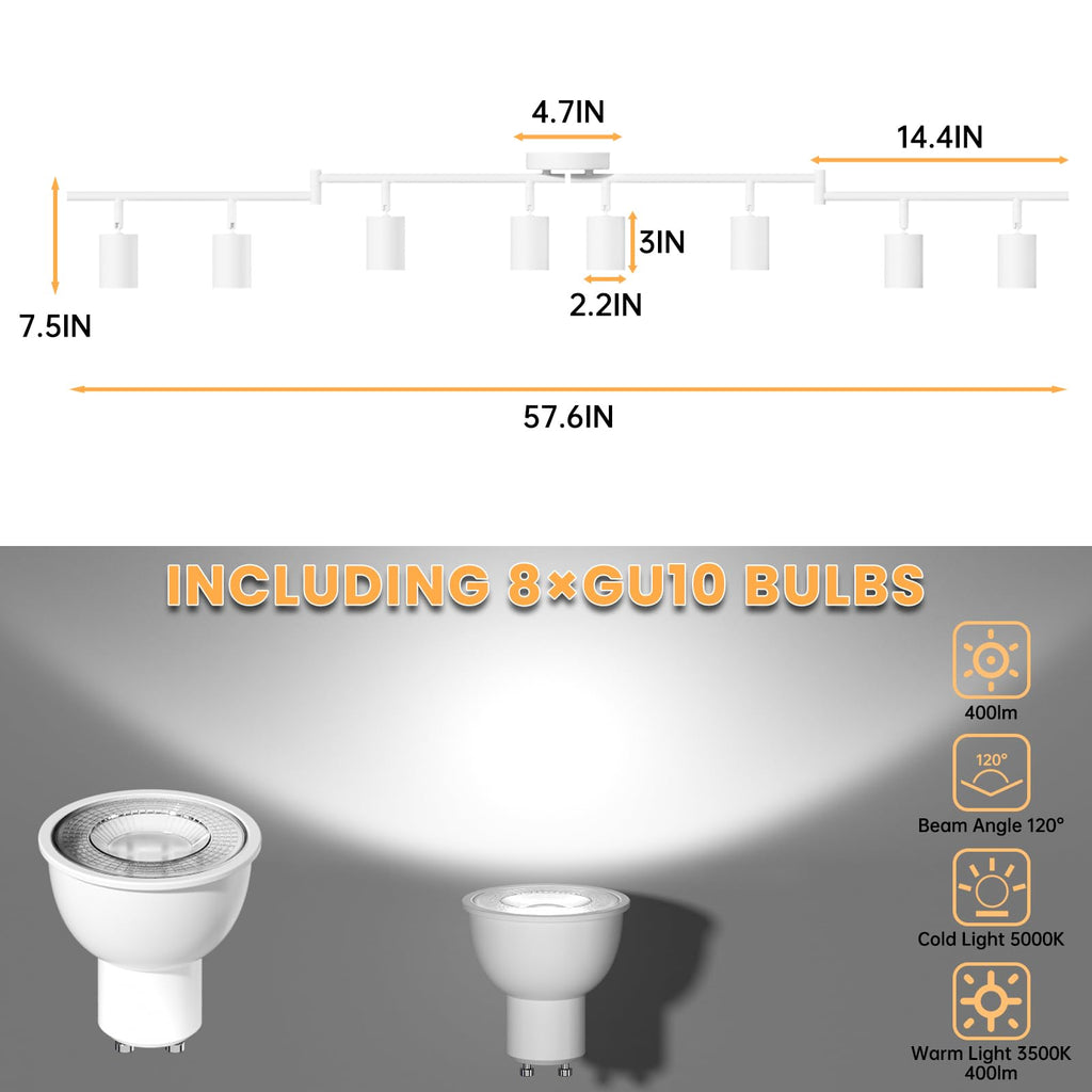 8 Light Track Lighting Kit, 57.6" 8 Way Ceiling Spotlights Fixture