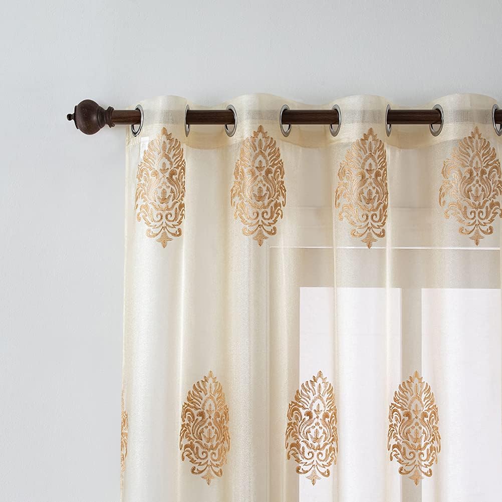 Luxury Damask Embroidered Sheer Curtains for Bedroom Transparent Tulle Curtain,52inchX96inch,Grommet Top,2 Panels
